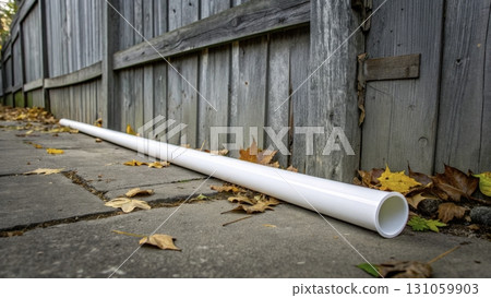 Long white pipe rests on a stone path surrounded by fallen autumn leaves near a wooden fence  131059903
