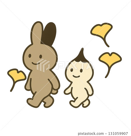 與兔子和淚珠人物一起的秋季散步（銀杏葉和可愛的插圖） 131059907