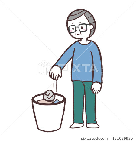 Illustration of a senior man throwing away trash 131059950