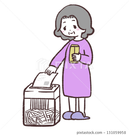 Illustration of a senior woman shredding 131059958