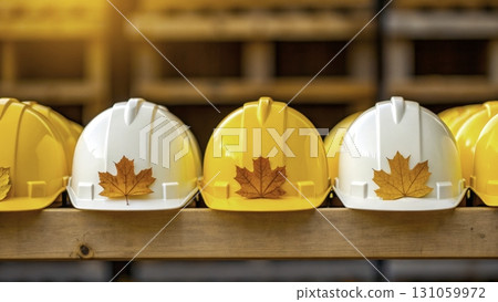 Colorful hard hats with autumn leaves displayed on a wooden shelf in a construction site  131059972