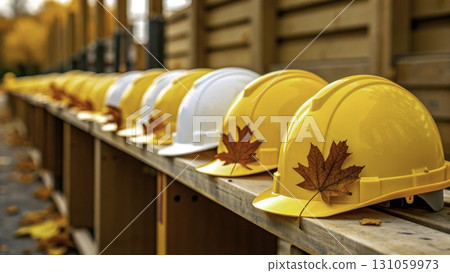 Construction helmets lined up in an autumn setting with colorful leaves on top in a park 131059973