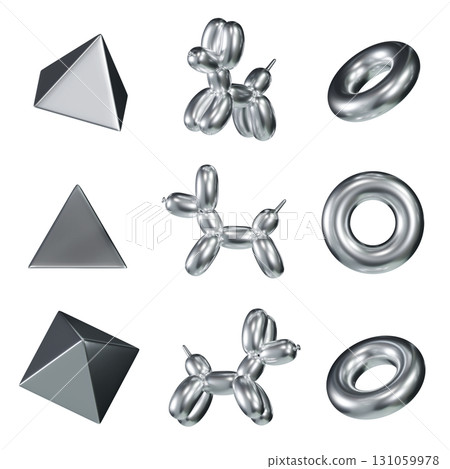 Shiny Metallic Silver 3D Icon Set pyramid, dog balloon, torus 131059978