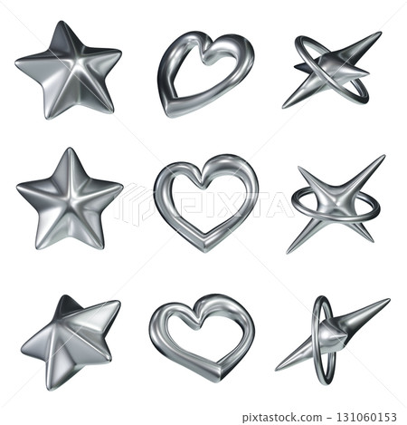 Shiny Metallic Silver 3D Icon Set star, heart, sparkle 131060153