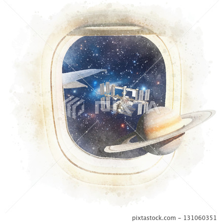Space and the International Space Station seen from an airplane window. Watercolor-style AI-generated. 131060351