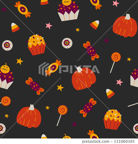 Halloween seamless pattern with sweets and pumpkins. 131060385