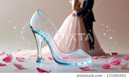 Glass slippers and bride and groom. Image of marriage. 131060403