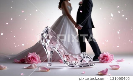 Glass slippers and bride and groom. Image of marriage. 131060405