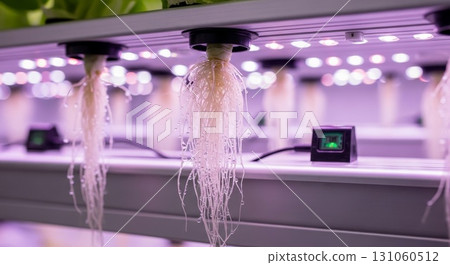 Modern laboratory filtration system with purple LED lighting 131060512