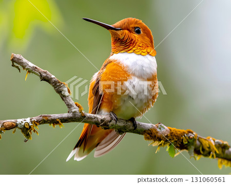 close-up of rufous hummingbird sitting on mossy branch in forest 131060561