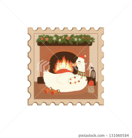Cute Goose Relaxing by Fireplace with Garland and Christmas Decor, Cozy Winter Holiday Illustration 131060584