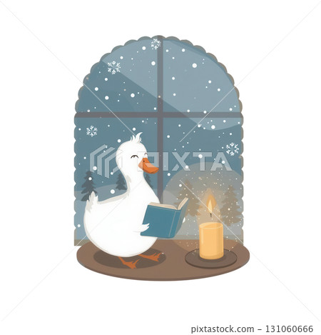Cute Duck Reading Book by Candlelight at Snowy Window, Cozy Winter Holiday Illustration 131060666