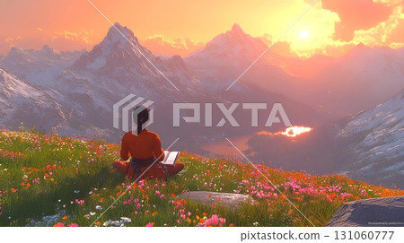 Woman Meditating and Reading in a Mountain Meadow at Sunset Woman Meditating and Reading in a Mountain Meadow at Sunset 131060777