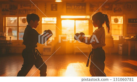 Kids Practicing Martial Arts with Boxing Gloves in Gym Kids Practicing Martial Arts with Boxing Gloves in Gym 131060781