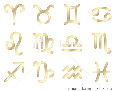 12 constellation icon set in gold: Aries, Taurus, Gemini, Cancer, Leo, Virgo, Libra, Scorpio, Sagittarius, Capricorn, Aquarius, Pisces 131060805