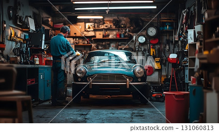 Vintage Car Restoration in Classic Auto Repair Shop 131060813