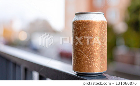 Cold Soda Can Covered with Water Droplets on a Railing 131060876