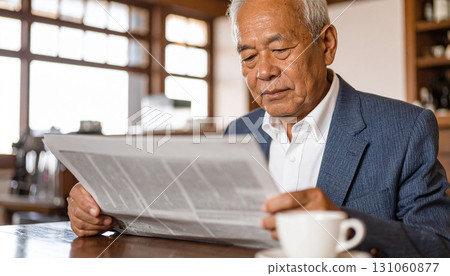 Elderly Asian Man Reading Newspaper at Cafe 131060877