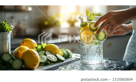 Woman Making Refreshing Cucumber Lemon Water with Mint 131060904