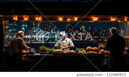 Chefs preparing food at outdoor kitchen at night 131060923