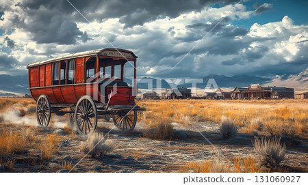 Western Stagecoach Passing Through Dusty Landscape 131060927