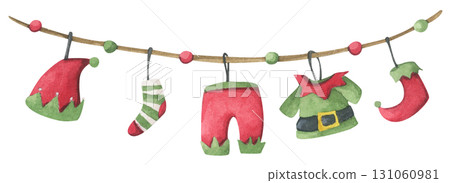 Watercolor Christmas garland ornament border decoration bunting holiday party festive merry xmas greeting card. 131060981