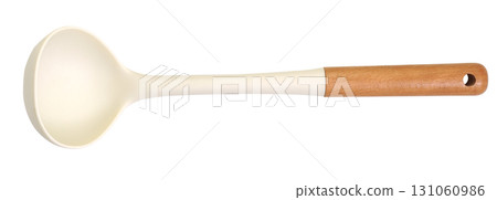 Minimalist kitchen ladle with white silicone head and wooden handle, isolated on white background 131060986