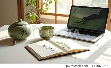 Japanese-style workplace with matcha tea and laptop Japanese-style workplace with matcha tea and laptop 131061066
