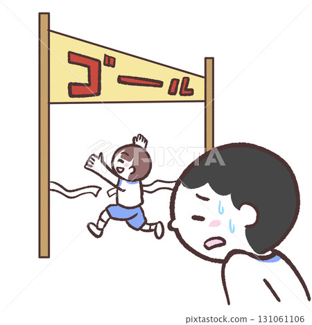 Illustration of a child finishing in gym clothes and a child losing Illustration of a child finishing in gym clothes and a child losing 131061106
