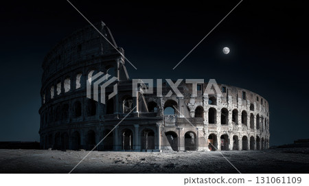 Ruined Roman coliseum under moonlight, ancient stone amphitheater with dramatic night shadows Ruined Roman coliseum under moonlight, ancient stone amphitheater with dramatic night shadows 131061109