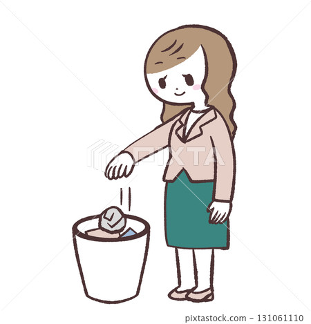 Illustration of a female office worker throwing away trash 131061110