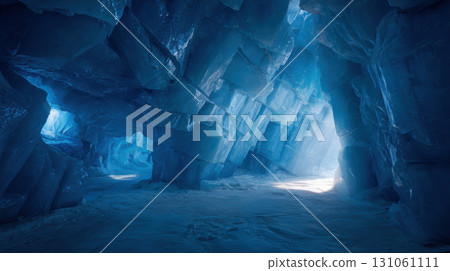 Shimmering blue ice grotto with natural light, massive frozen cave, tranquil atmosphere 131061111