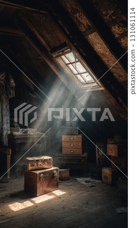 Old attic sunlight, dusty wooden floor, vintage trunk, nostalgic mood, forgotten treasure 131061114