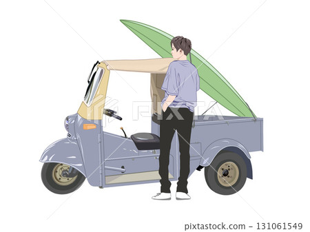 一名男子將衝浪板裝到一輛舊三輪卡車上的插圖 131061549