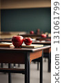 Two sizes of red apples on a school table in the classroom, vertical template image. 131061799