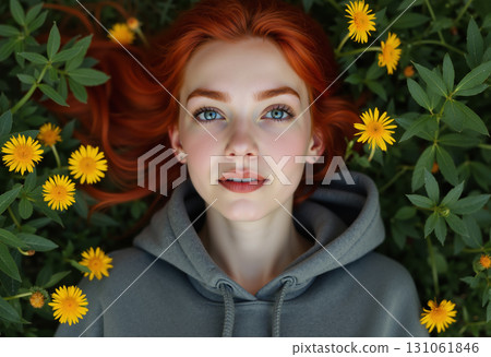 A portrait of a young woman lying in a meadow surrounded by flowers. 131061846