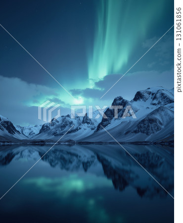 Northern lights at night over mountains and lake, beautiful winter landscape 131061856