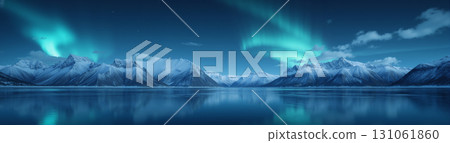 Northern lights at night over mountains and lake, beautiful winter landscape 131061860