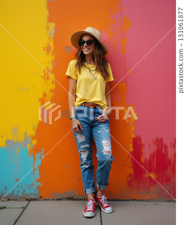 Portrait of a girl standing against a wall painted with brightly colored paints. 131061877