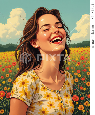 A portrait of a young woman posing in a meadow surrounded by flowers. 131061891