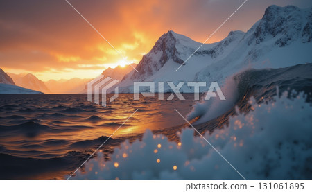 A beautiful northern landscape at sunset, with snow-covered mountains and rolling sea waves. 131061895