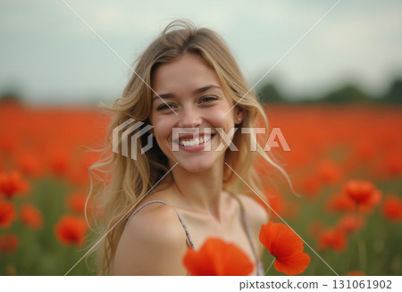 A depiction of a young lady in a field, surrounded by blossoms. 131061902