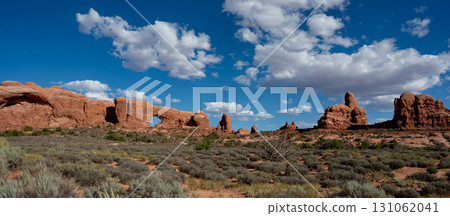 Panoramic view of North Window and Turret arch at Arches National Park in Utah, USA Panoramic view of North Window and Turret arch at Arches National Park in Utah, USA 131062041