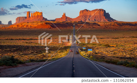 Forrest Gump Point at sunrise. Long road leading to Monument Valley in Utah, USA 131062054