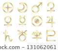 Celestial symbol icon set gold Earth Moon Sun Mercury Venus Mars Jupiter Saturn Neptune Pluto Uranus 131062061