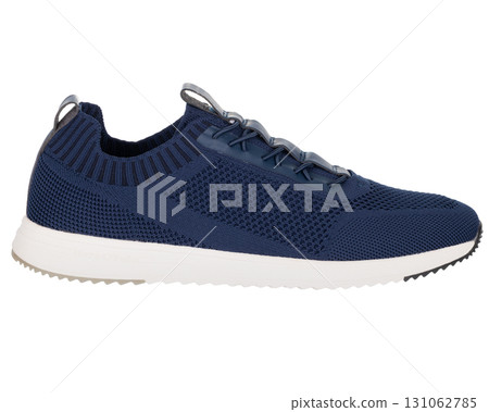 Side view of navy blue knit sneaker with white sole 131062785