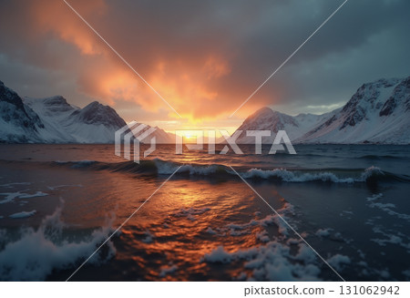 A beautiful northern landscape at sunset, with snow-covered mountains and rolling sea waves. 131062942