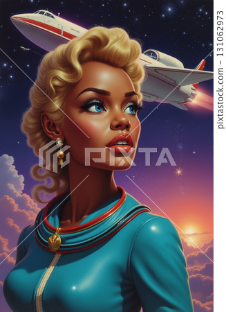 A woman astronaut in a space suit against the backdrop of outer space in a cartoon style. 131062973