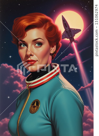 A woman astronaut in a space suit against the backdrop of outer space in a cartoon style. A woman astronaut in a space suit against the backdrop of outer space in a cartoon style. 131062974