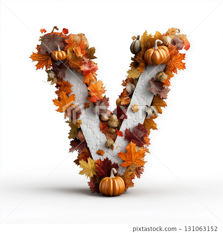 A close-up of the letter "V," composed entirely of autumnal elements. Vibrant maple leaves, small pumpkins, and acorns cover it densely. Crisp details and texture create a natural feel, while the whit 131063152